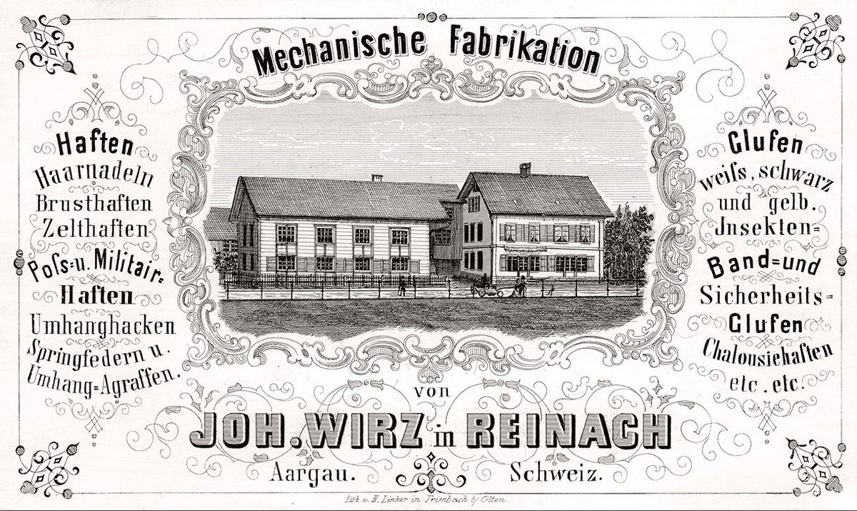 Nach dem Brand seiner ersten Werkstatt in Menziken zog Wirz 1848 nach Reinach: Der Briefkopf zeigt das Wohnhaus (rechts) mit angebautem Fabrikgebäude um 1850.