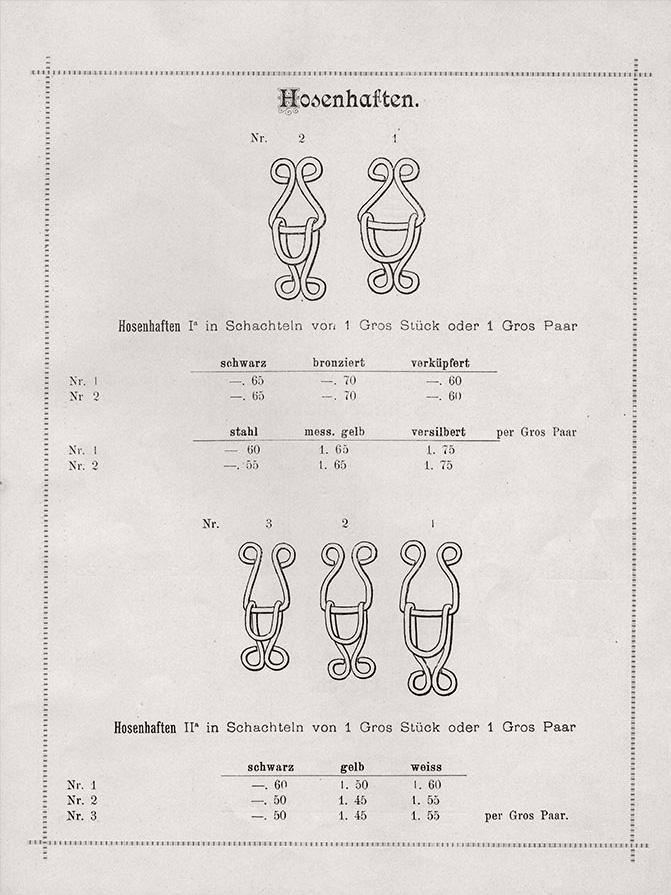 Trouser clasps in all sorts of designs had long since been a critical part of the offerings in ironware: Catalogue of 1894.